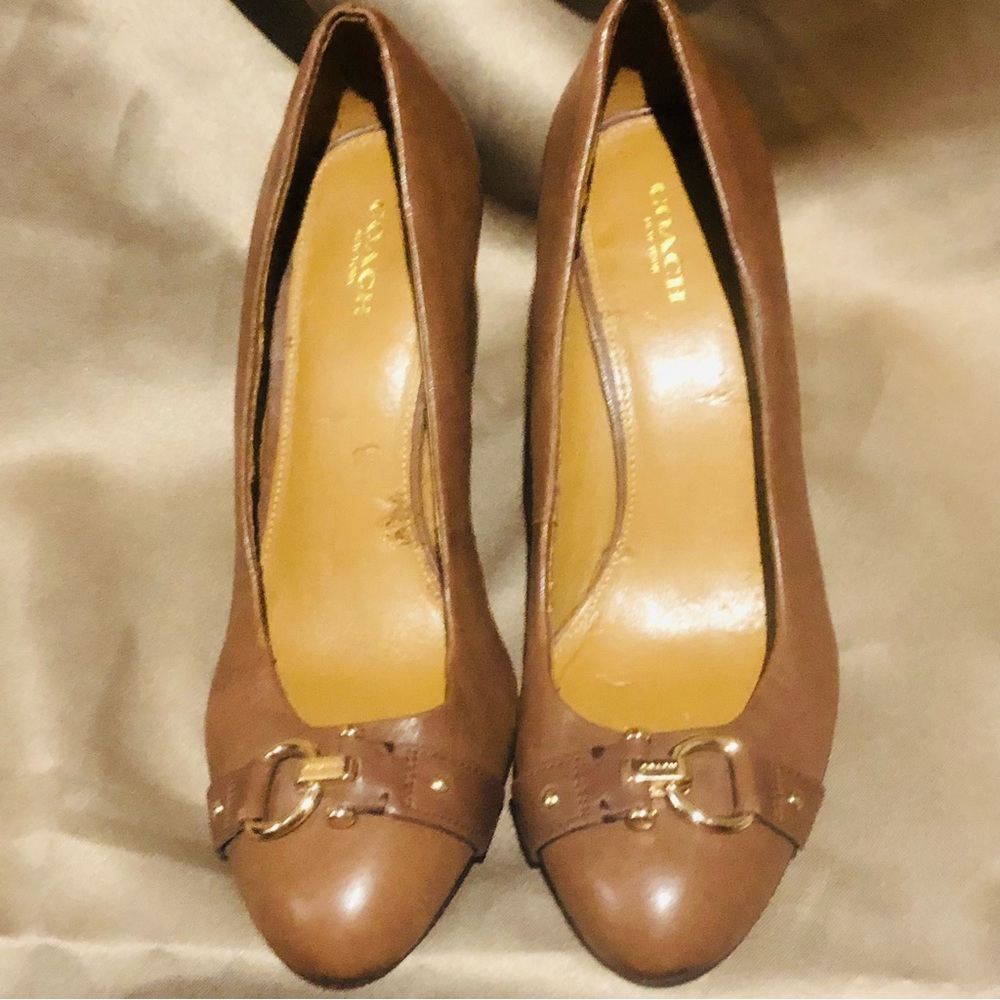 COACH closed toe brown wedge sandals with buckle